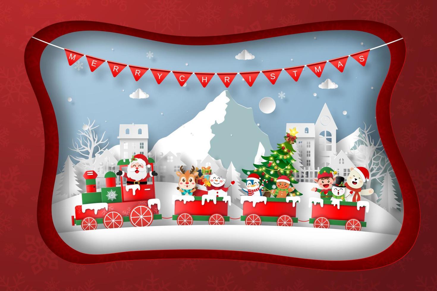 Paper cut illustration of Xmas tratin in the village in Christmas day vector