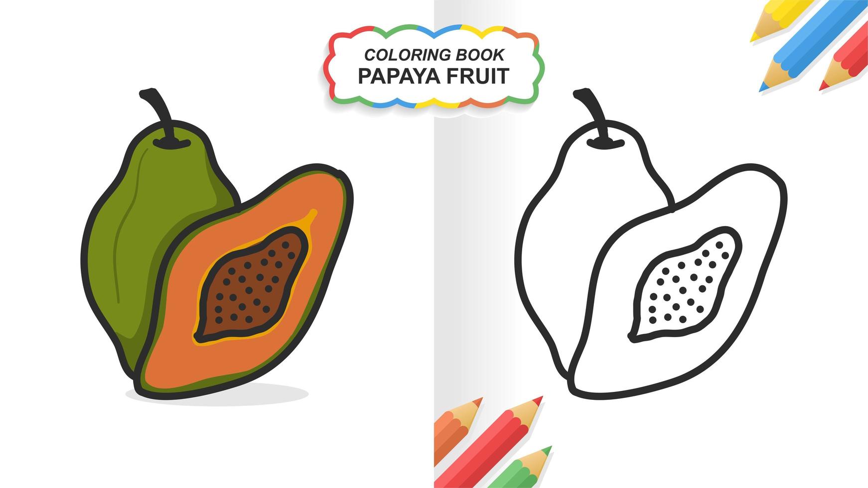 Papaya fruit hand drawn coloring book for learning. Flat color ready to print vector