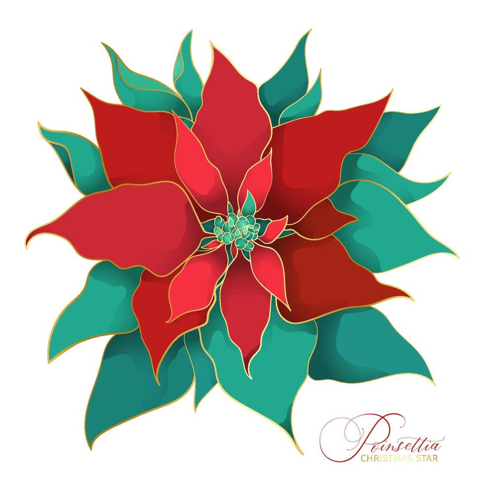 Poinsettia christmas blooming tree. A branch of green and red silk leaves with a filigree golden line in an Asian trend. Elegant and luxurious decorations for the Christmas celebrations vector