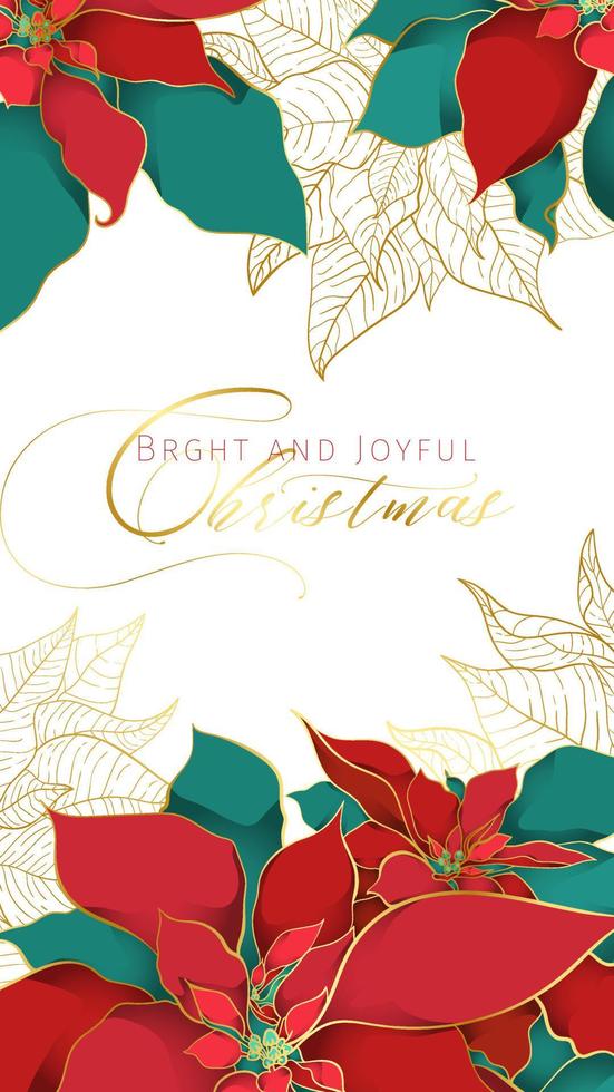 Christmas Poinsettia greeting stories banner or web card Red and green silk leaves with golden line on a white background. Christmas and New Year celebration decor vector