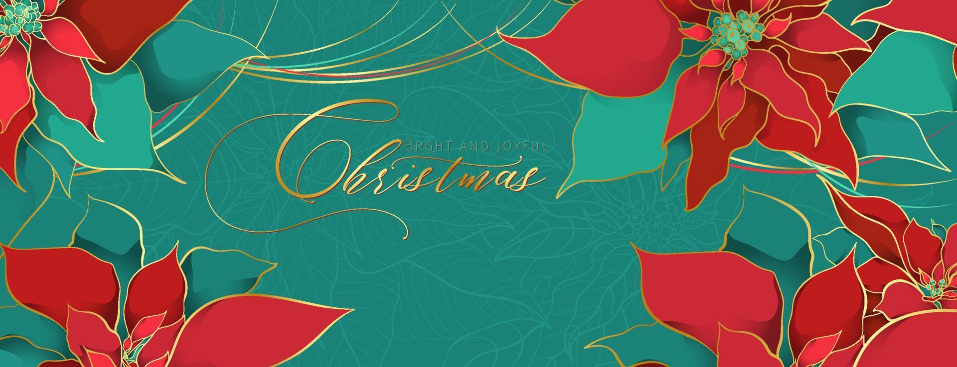 Christmas Poinsettia green header in an elegant luxury style. Red and green silk leaves with golden line on a green background. Christmas and New Year social networks decor vector