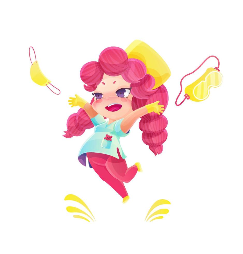 Cartoon pink hair violet eyes nurse jumping for joy. Stop pandemic and masks and safety goggles out. Drawing in the style of manga and anime in bright colors vector