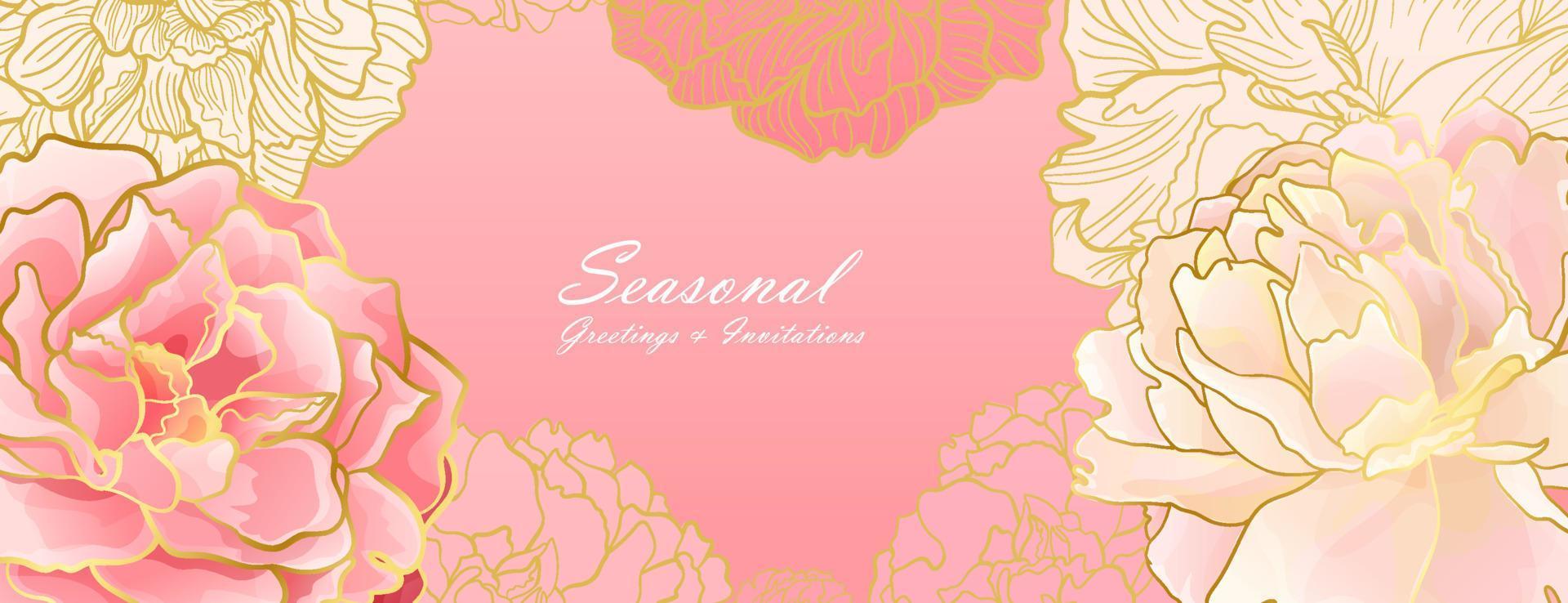 Soft pink peony header banner with colden line in an Asian gentle color palette. Botanical decor for printing and web ans social networks vector