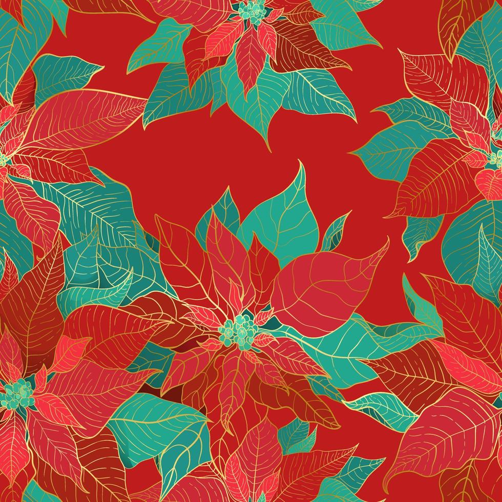 patrón sin costuras de poinsettia de invierno para envases navideños y papel de regalo o textiles. hojas de seda de poinsettia con línea dorada sobre un fondo rojo gala. vector