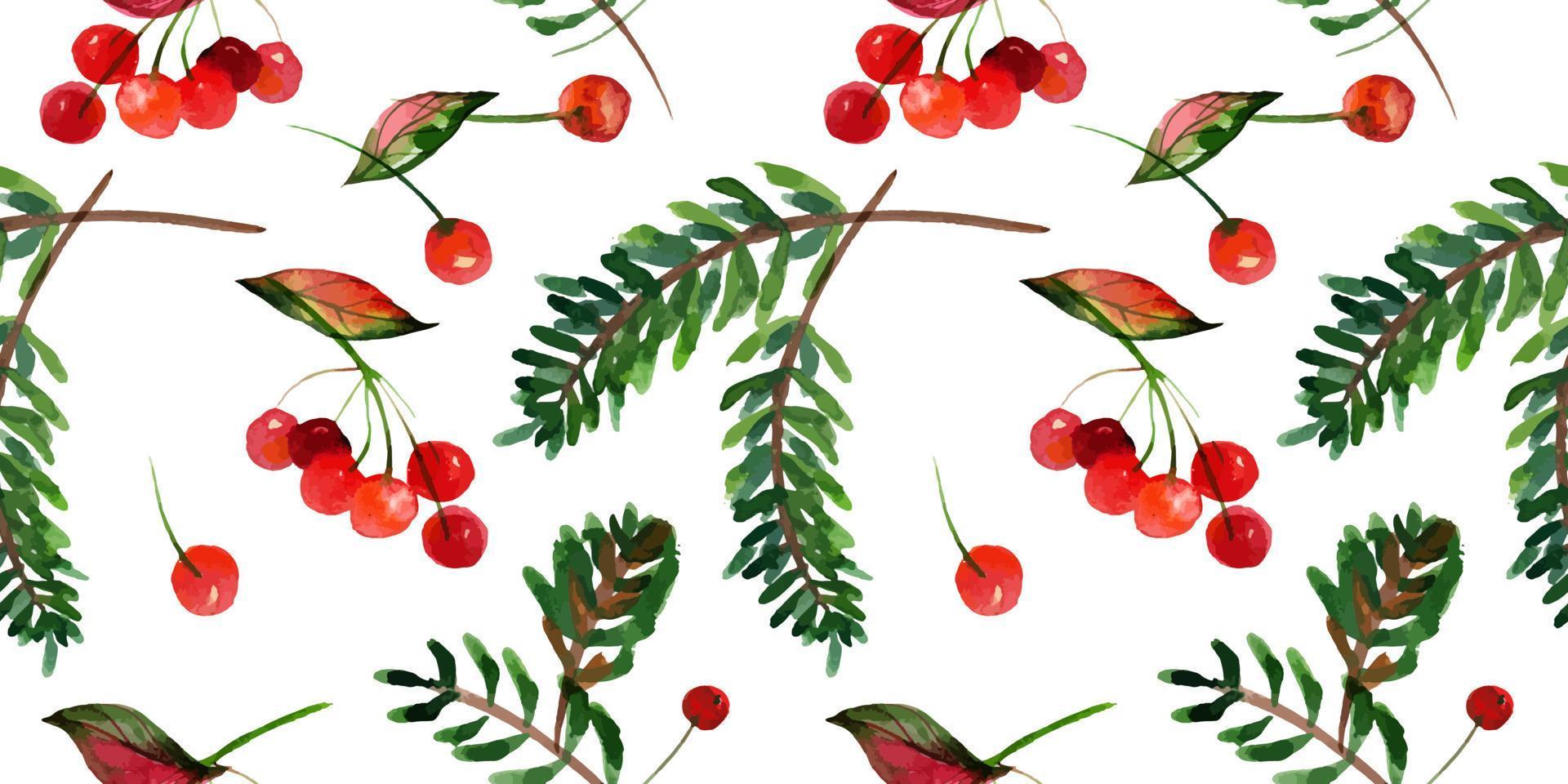 Christmas traced watercolor floral seamless pattern on white background. Ale branches and winter berries. Decor for cute Christmas and New Year textiles and wrapping paper and greeting cards vector