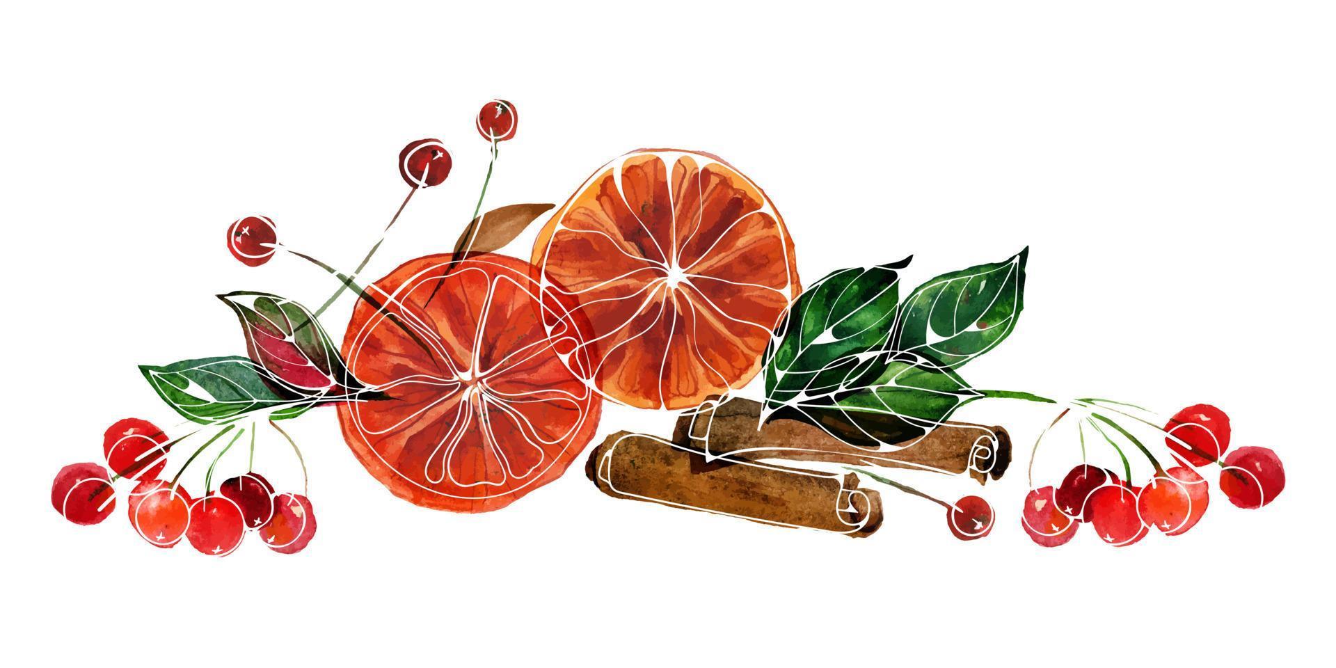 Navidad trazada composición de acuarela con naranjas y ramas de canela y frutos rojos sobre fondo blanco. decoración para lindos textiles navideños y de año nuevo y papel de regalo y tarjetas de felicitación vector