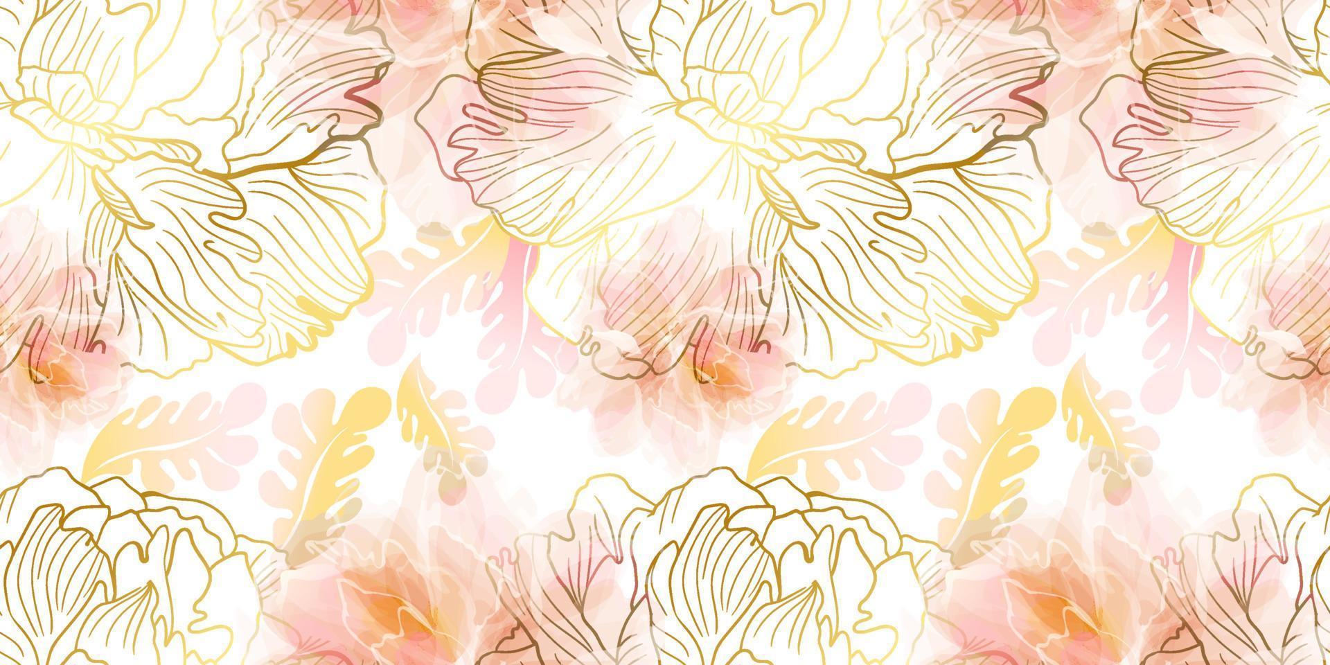 Soft pink peony seamless pattern with colden line in an Asian gentle color palette. Botanical decor for textile and wallpaper vector
