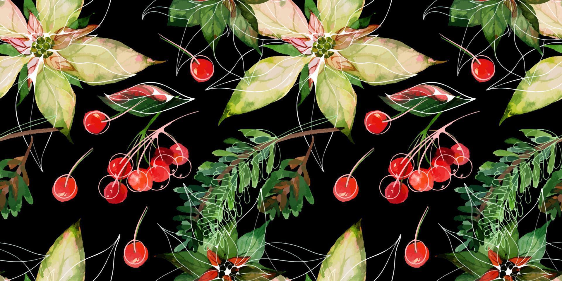 Christmas traced watercolor floral seamless pattern on black. Poinsettia and fir-tree branches and red winter berries. Decor for Christmas and New Year textiles and wrapping paper and greeting cards vector