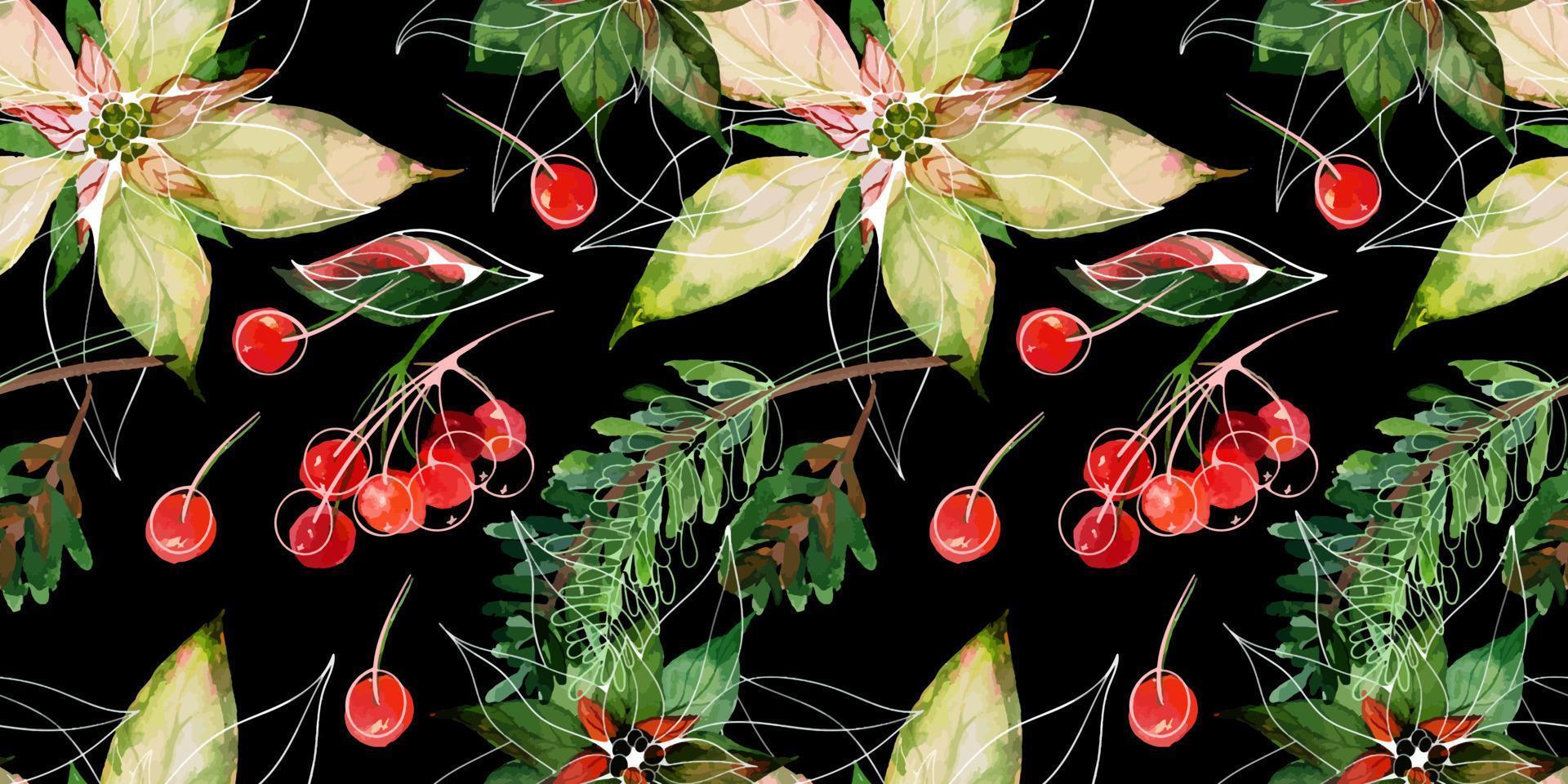 Christmas traced watercolor floral seamless pattern on black. Poinsettia and fir-tree branches and red winter berries. Decor for Christmas and New Year textiles and wrapping paper and greeting cards vector