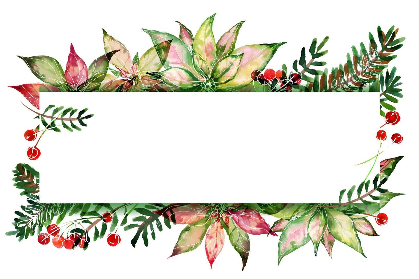 Christmas watercolor frame with poinsettia and ale branches and cinnamon and re berries. Suitable frame with space for text for Christmas and New Year greeting card and party invitation vector