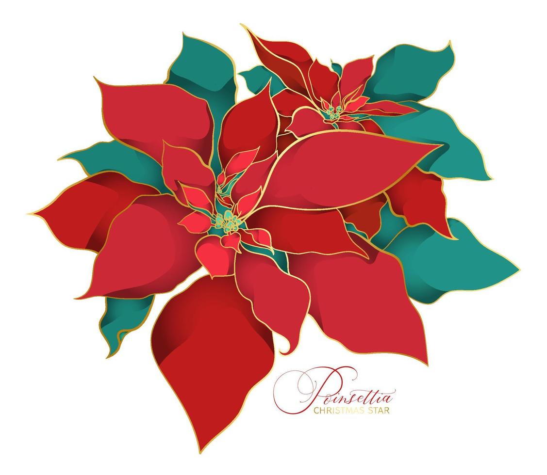 Poinsettia branch with two flowers in an Asian style. A branch of green red silk leaves with a filigree golden line in an Asian trend. Elegant luxurious decorations for the Christmas celebrations vector