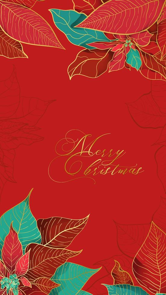 Tarjeta de felicitación roja de poinsettia navideña en una elegante tendencia decorativa. hojas rojas y verdes con línea dorada sobre fondo rojo. decoración de celebración de vacaciones de navidad vector