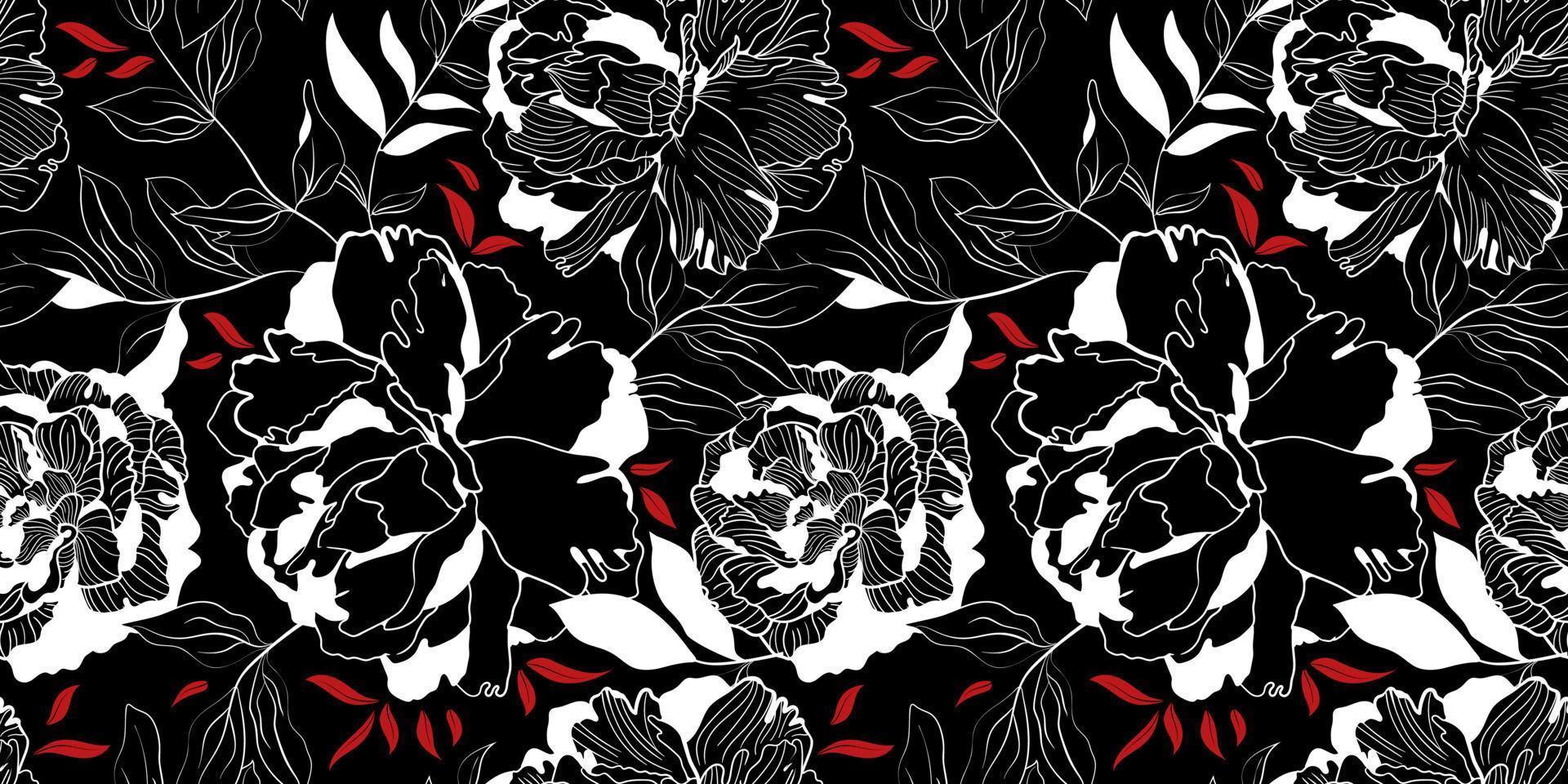 White and red linear peony floral black seamless pattern. Botanical sketch decor for textile and wallpaper with pink background vector