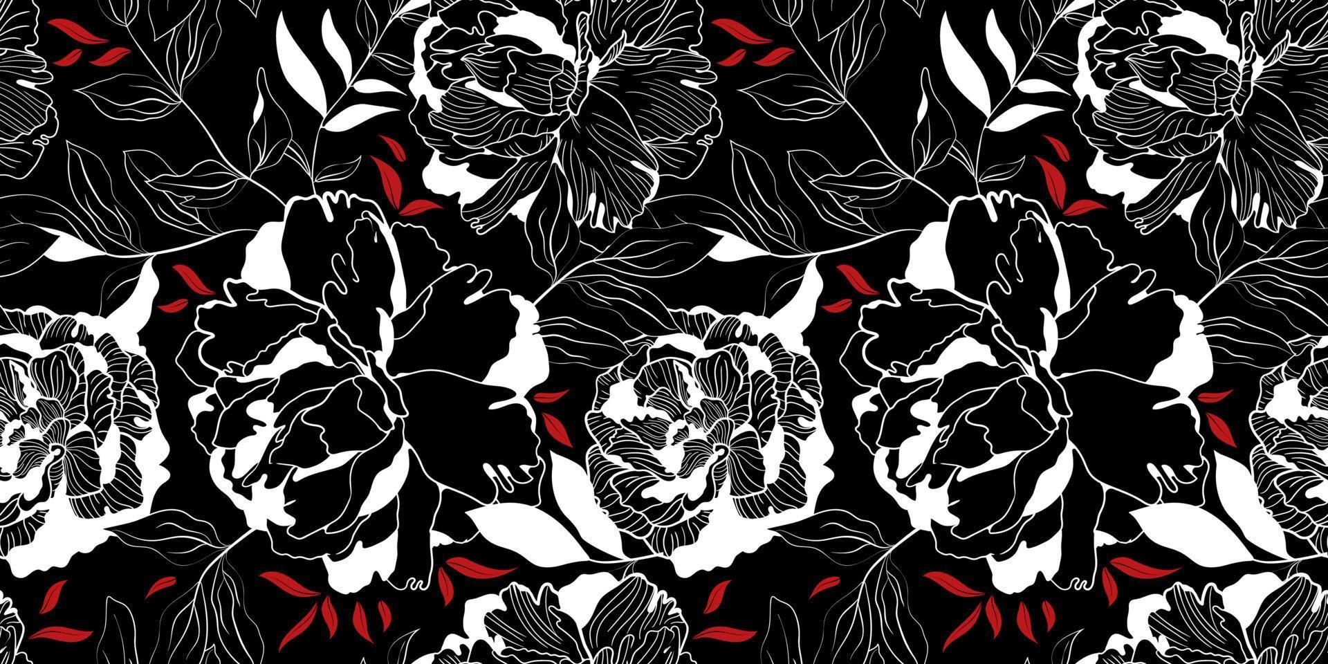 White and red linear peony floral black seamless pattern. Botanical sketch decor for textile and wallpaper with pink background vector