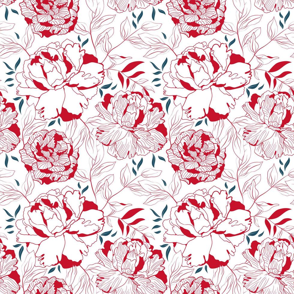 Peony red and white floral seamless pattern. Botanical linear decor for textile and wallpaper with pink background vector