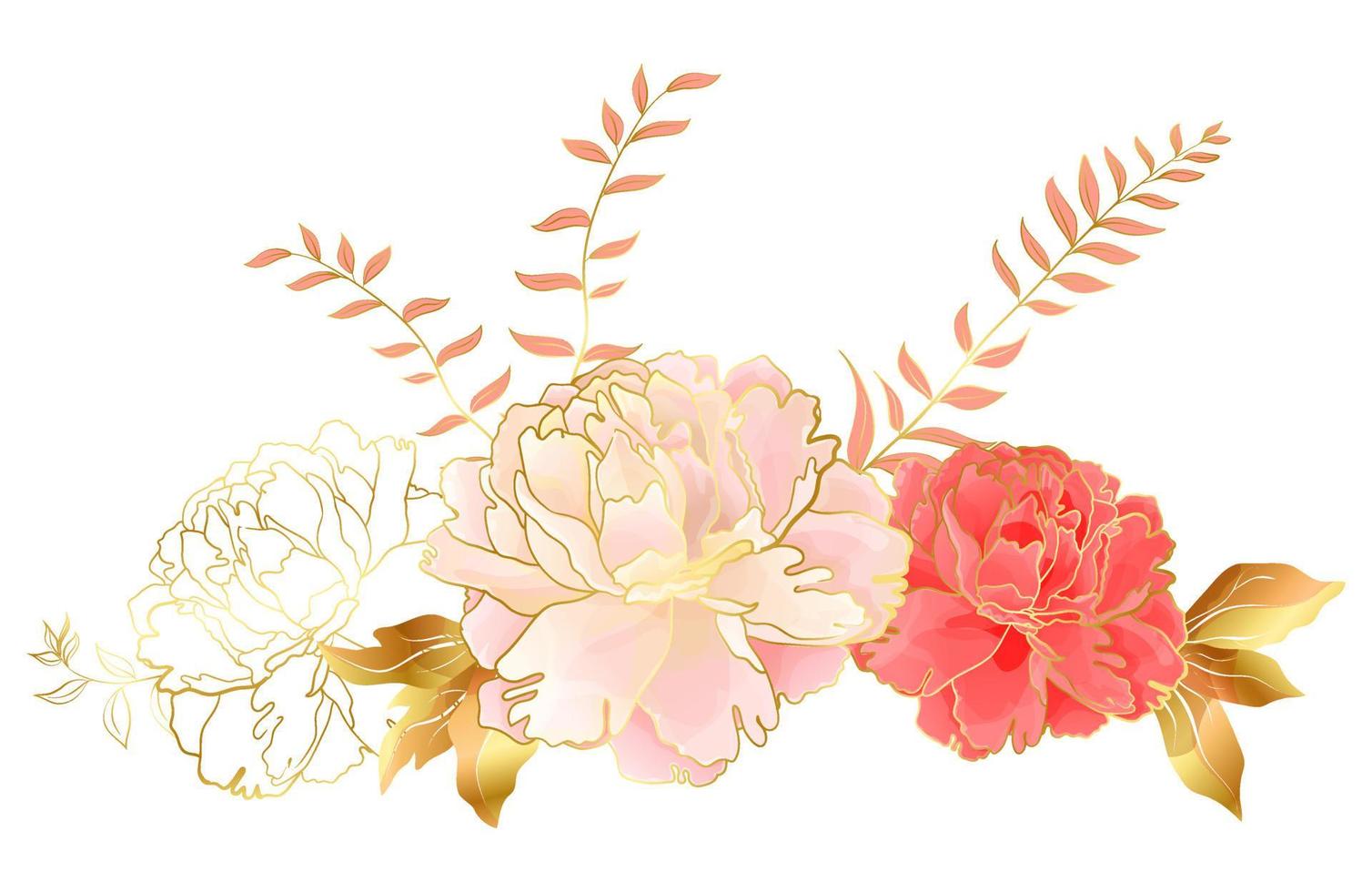 viñeta decorativa floral con flores de peonías rosas y rojas. Decoración de elegancia botánica para bodas y celebraciones románticas, para el diseño de cosméticos o perfumes. vector