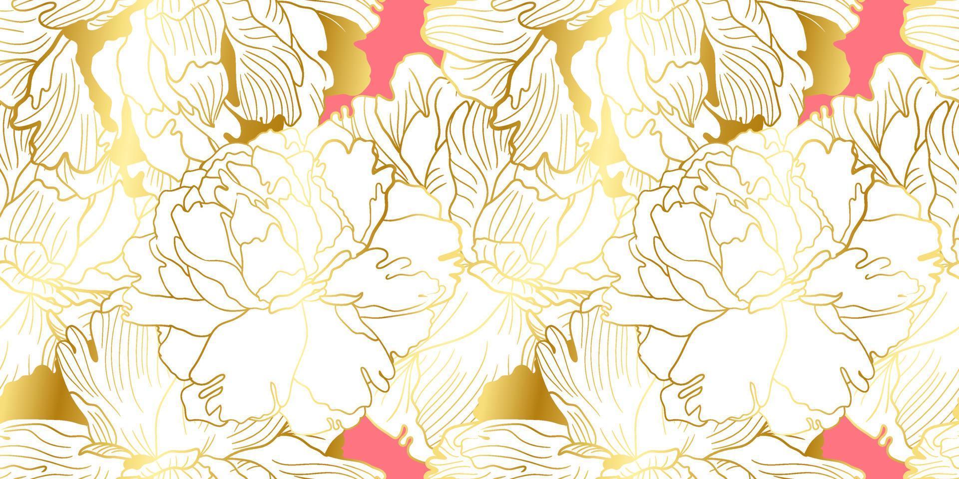 Peony floral seamless pattern with colden line in an gentle pink color. Botanical decor for textile and wallpaper vector