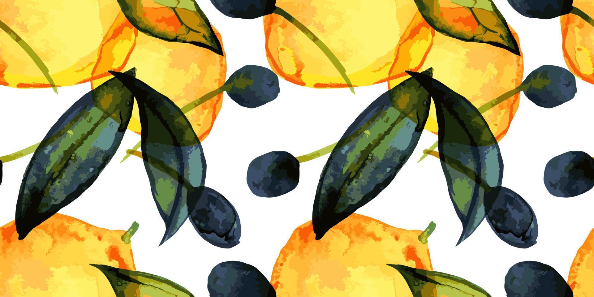 Lemons and olives. Seamless pattern with traced watercolor. Cute decor for home and cafe textiles, for packaging decor and wall papers. vector