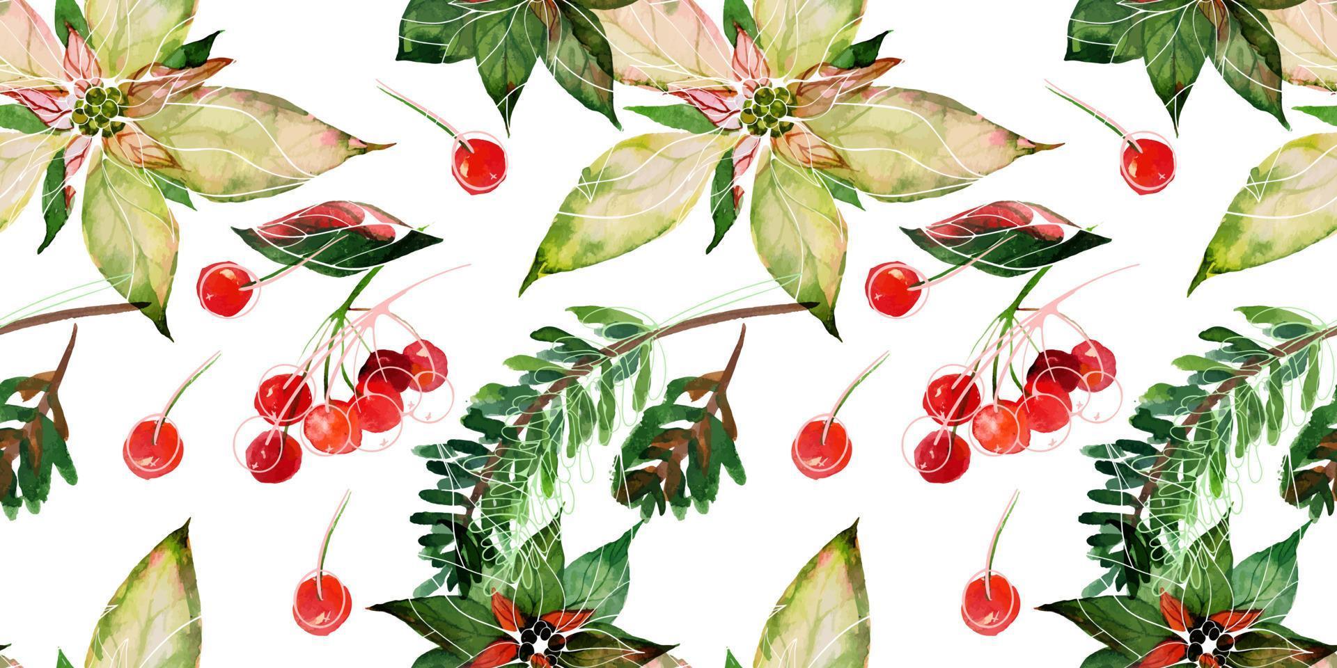 Christmas traced watercolor floral seamless pattern on white background. Ale branches and winter berries. Decor for cute Christmas and New Year textiles and wrapping paper and greeting cards vector