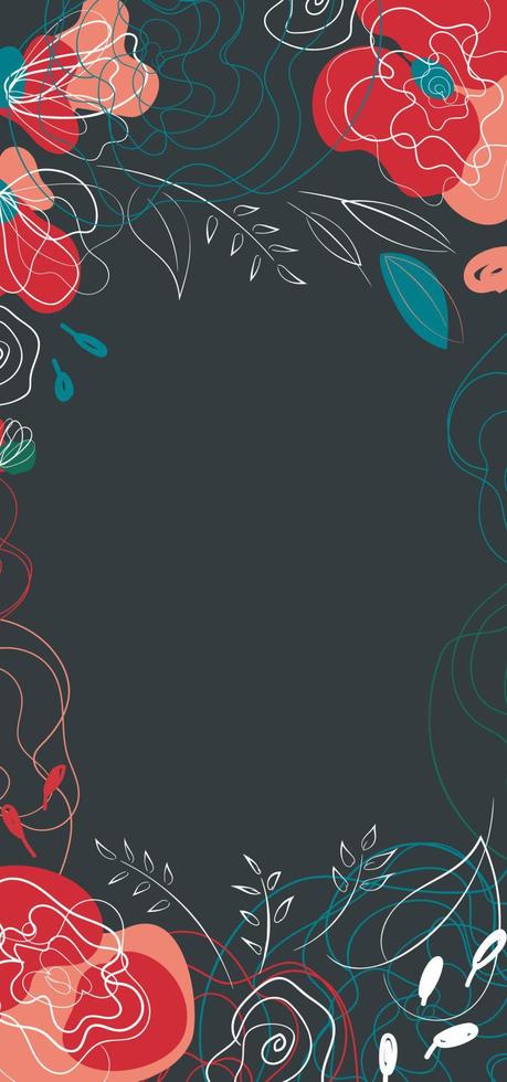 Seasonal invitation with poppy flowers for print design. Banner and flyer design. Summer garden millefleur pattern. Countryside line-art trend. Dark background. vector