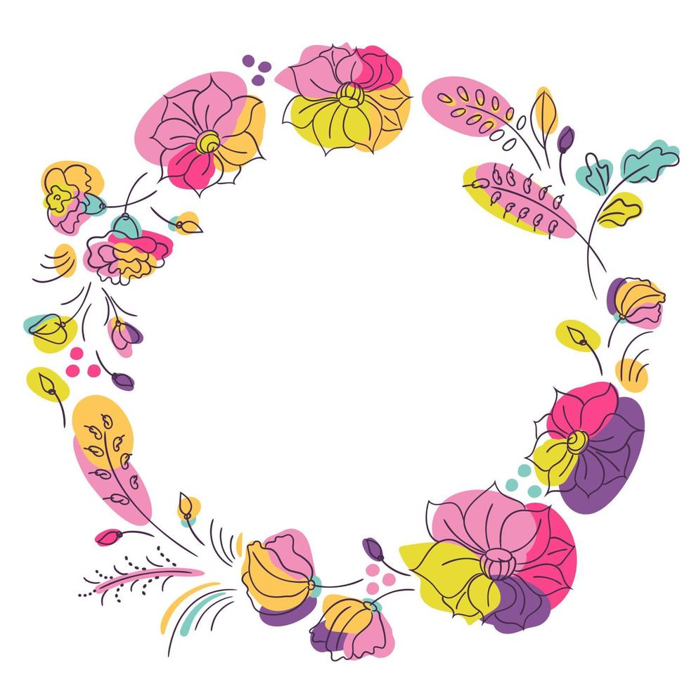 Bright colors floral summer wreath. Round frame with neon color flowers. White background vector