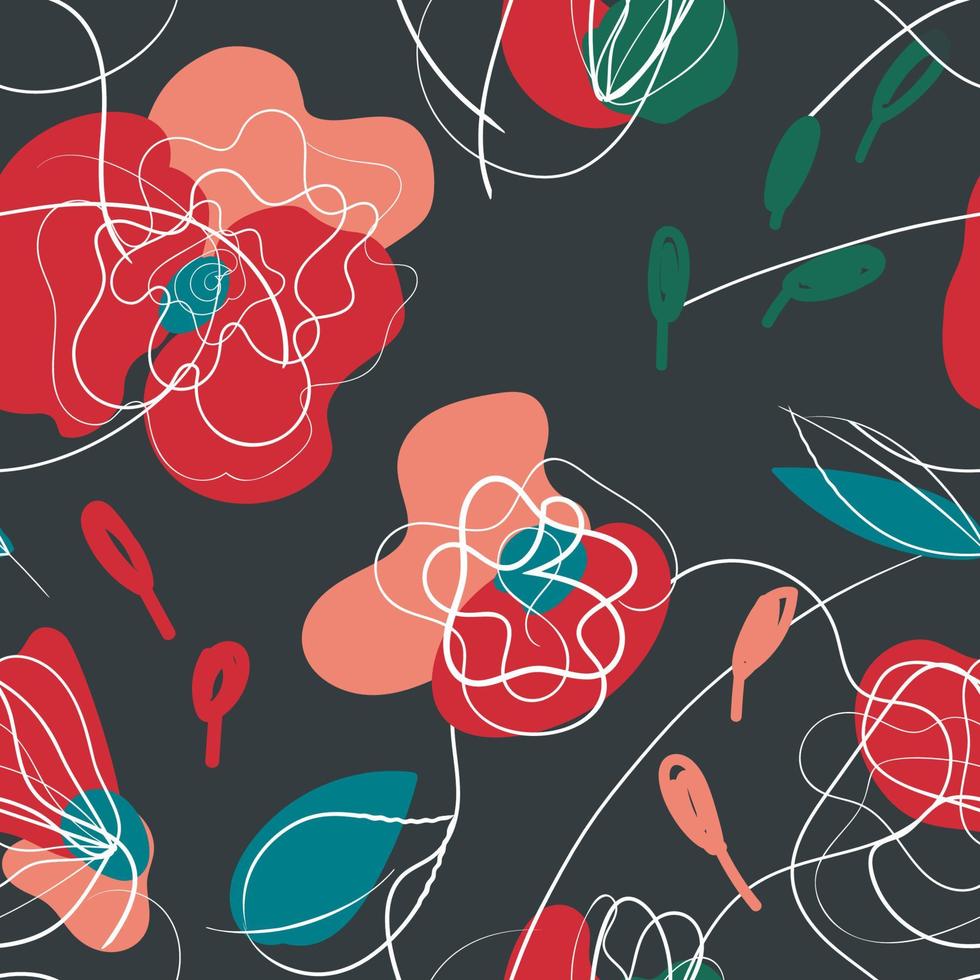 Red poppy in vintage style. Summer garden seamless pattern. Vector drawing. Vector design textiles. Spring floral vector illustration. Dark background. Elegance print.