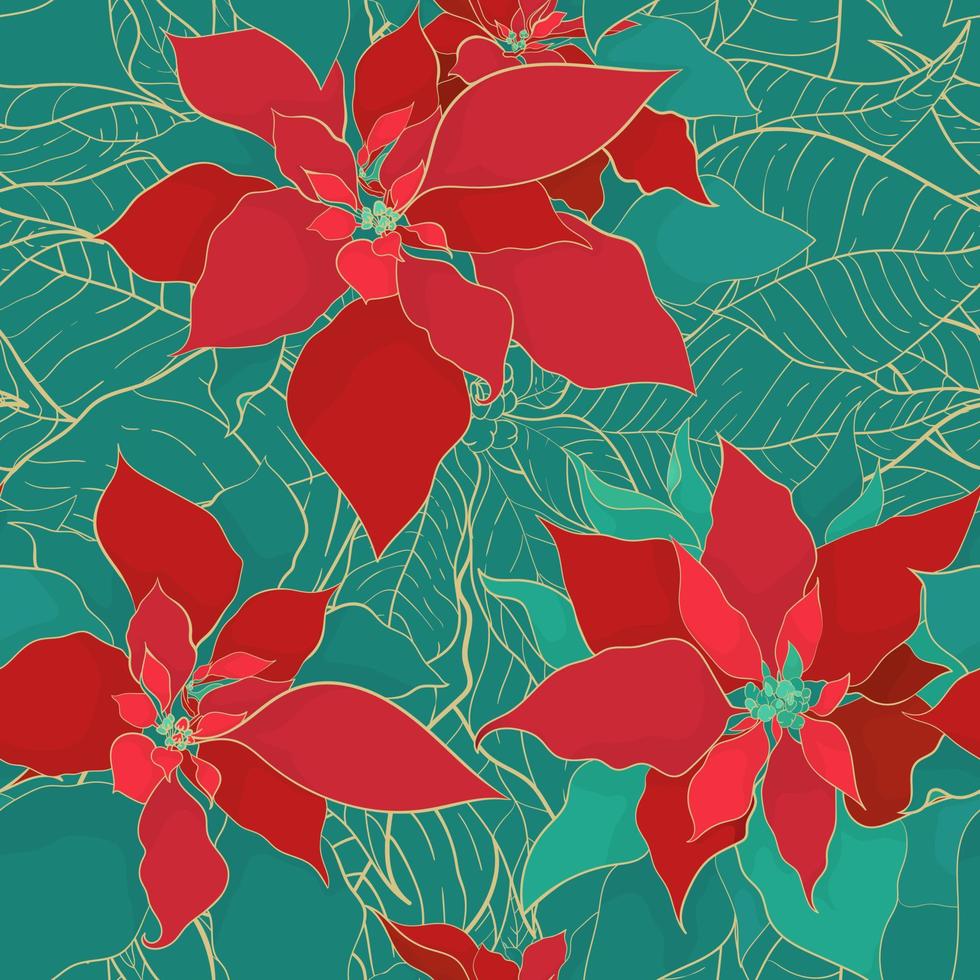 Christmas Poinsettia green red seamless pattern in elegant decorative style. Green red leaves with golden line on a cool green background. Design for Christmas packaging and wrapping paper or textiles vector