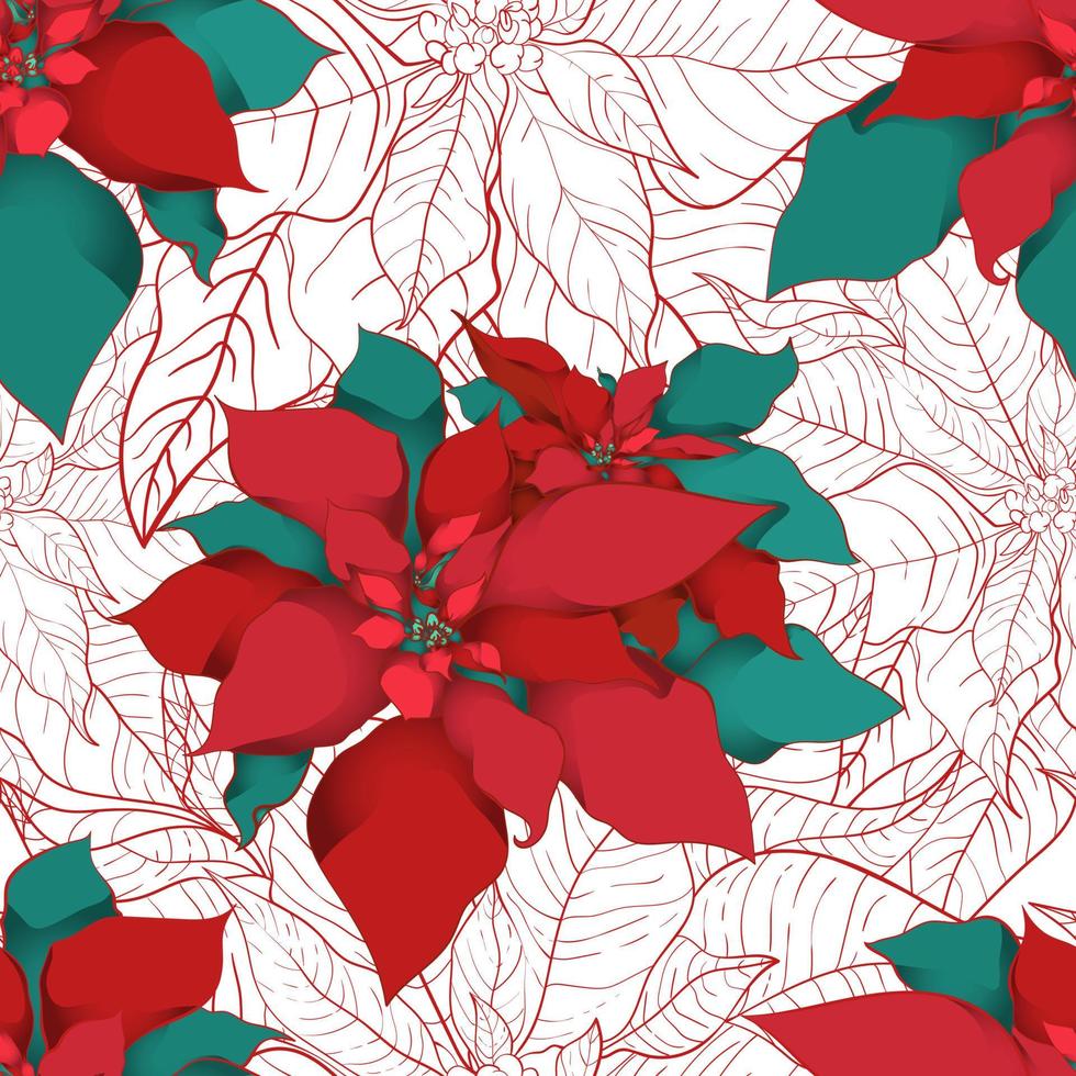 Winter Poinsettia seamless pattern for Christmas packaging and wrapping paper or textiles. Poinsettia silk leaves with red line on a white background. vector