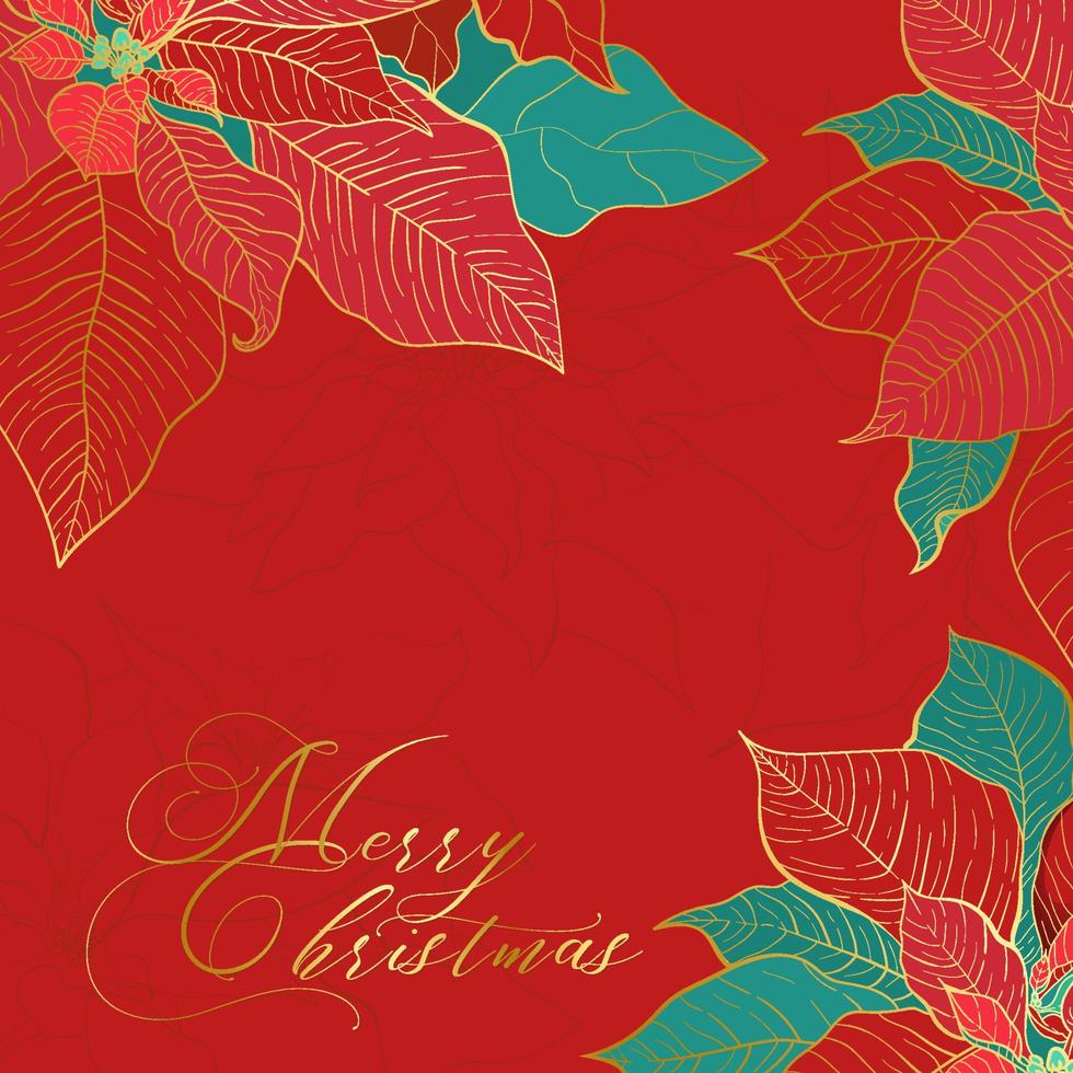 Silk Poinsettia Christmas square red background for social networks. Red and green silk leaves with golden line on a red background. Christmas and New Year elegance decor vector