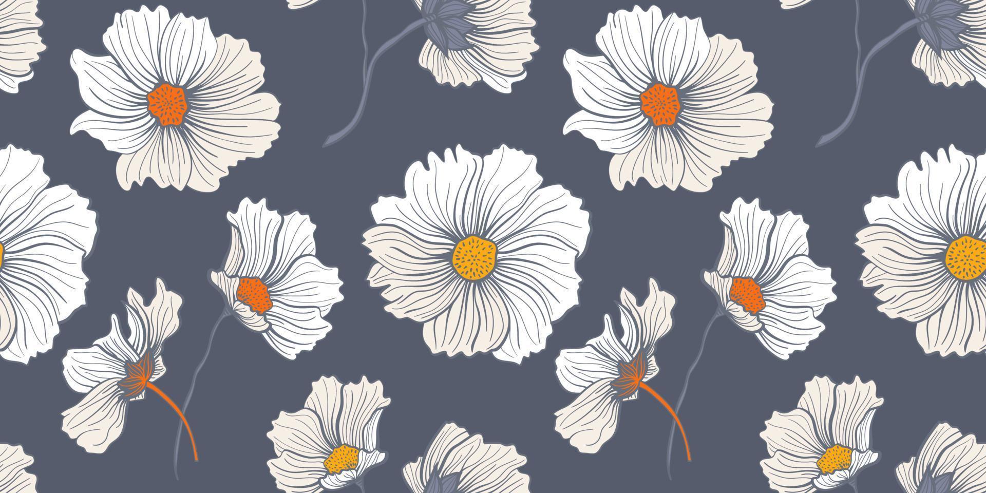 Summer flowers meadow. Seamless pattern with white wild poppies and daisies on dark gray background vector