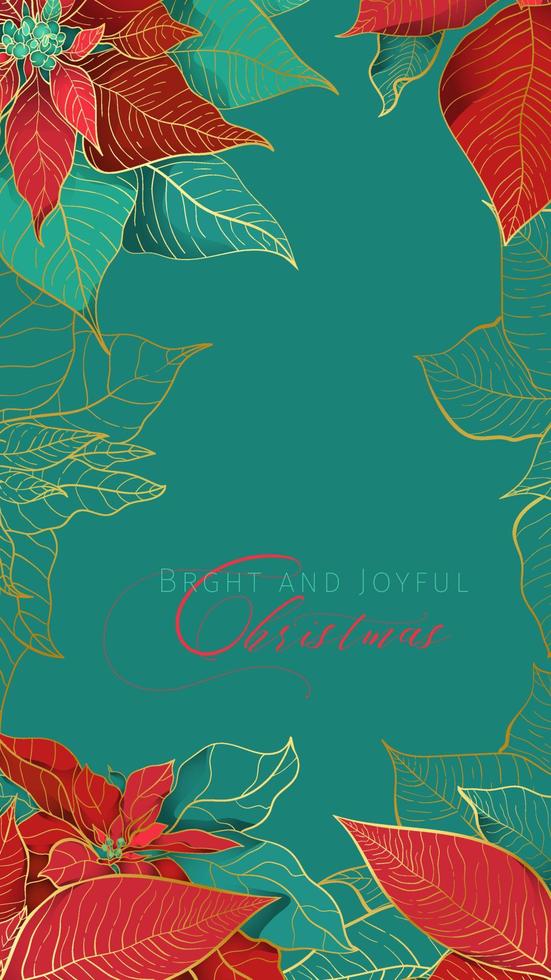 Christmas Poinsettia greeting banner in an elegant decorative trend. Red and green leaves with golden line and Christmas wishes on a green background. Christmas holidays decorations. vector