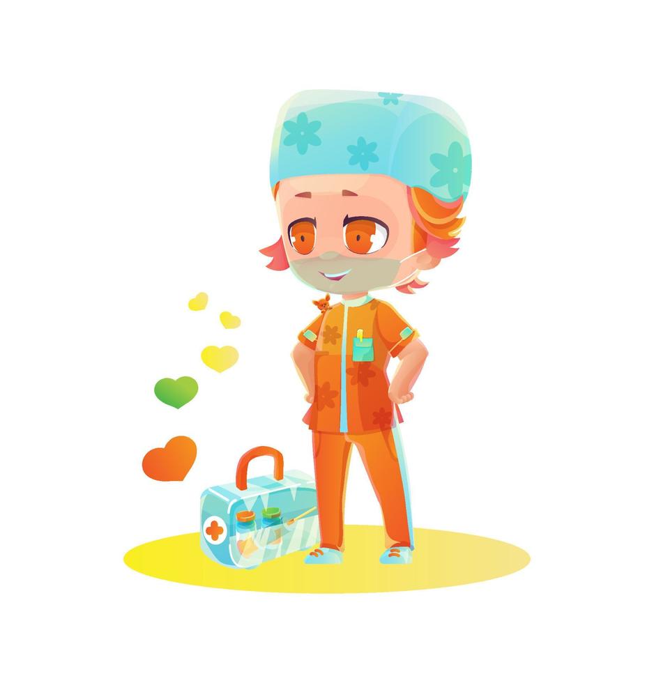 Cartoon boy nurse character with vaccine box. Drawing in the style of manga and anime. Childish cartoon style in bright colors vector