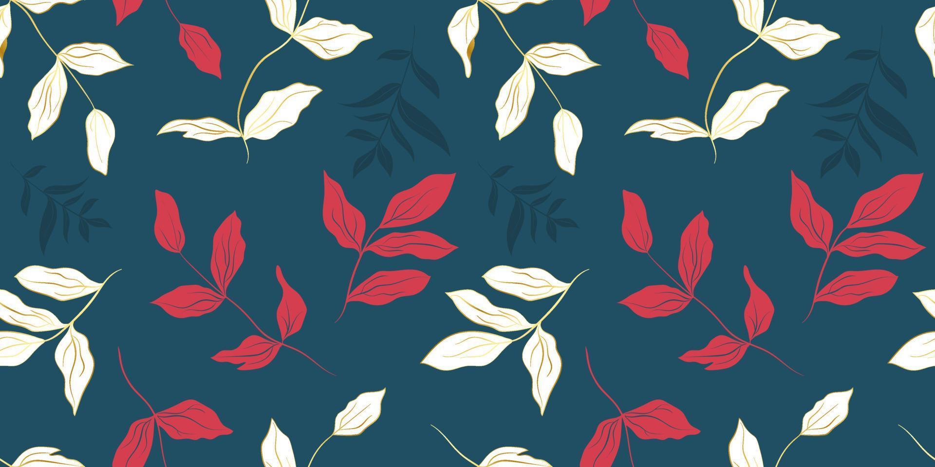 Peony white golden and red leaves floral seamless pattern. Botanical linear decor for textile and wallpaper vector