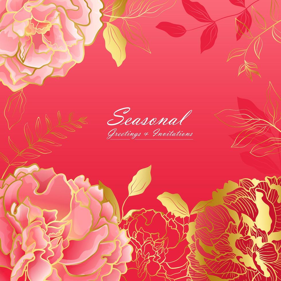 Tarjeta cuadrada floral de color rosa intenso con flores de peonía y línea dorada en una paleta de colores asiáticos. decoración botánica para web y redes sociales y decoración de saludo vector