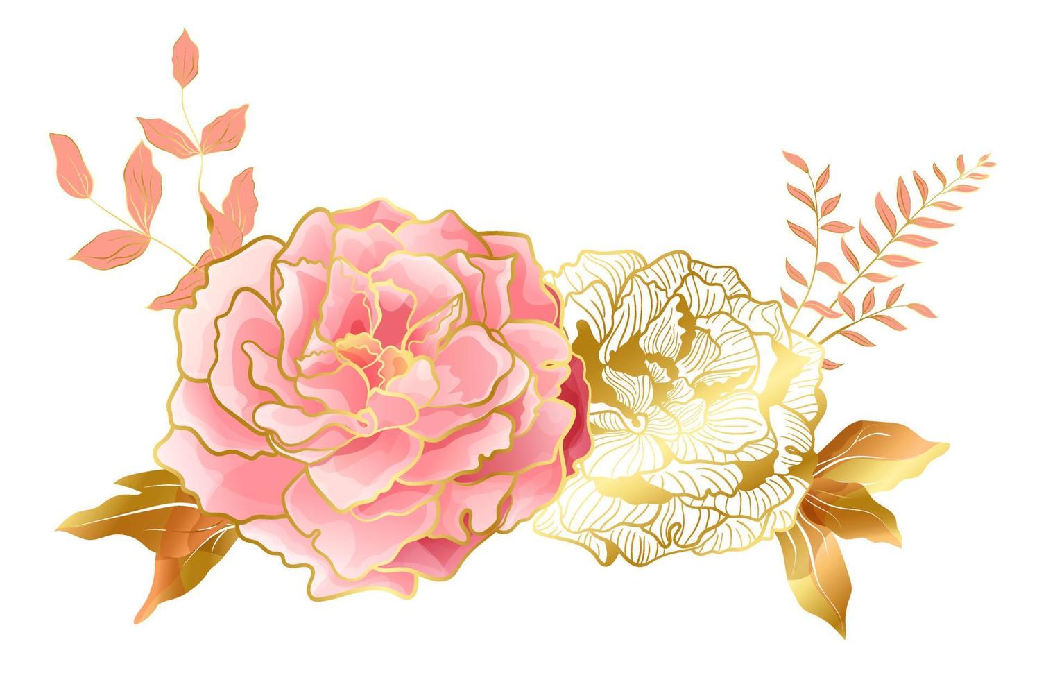 viñeta floral con flores de peonías rosas suaves y doradas. Decoración de elegancia botánica para bodas y celebraciones románticas, para el diseño de cosméticos o perfumes. vector