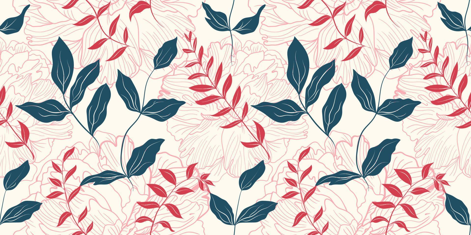 Gentle pink peony flowers and green leaves seamless pattern. Botanical linear decor for textile and wallpaper vector