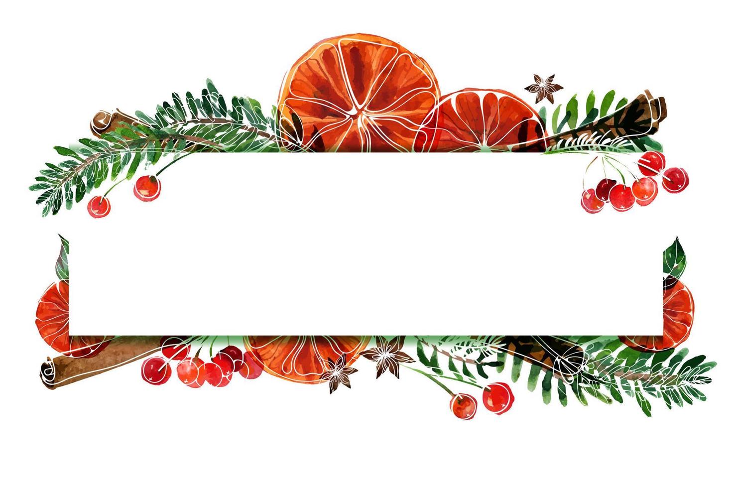 Christmas watercolor frame with fir-tree and oranges and cinnamon and anise and red berries. Suitable frame with space for text for Christmas and New Year greeting card and party invitation vector