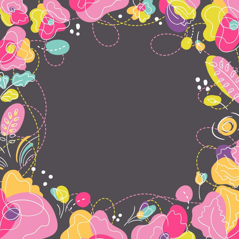 Summer bright floral square frame for social network post or postcard. Flowers with bright neon colors. Dark background vector