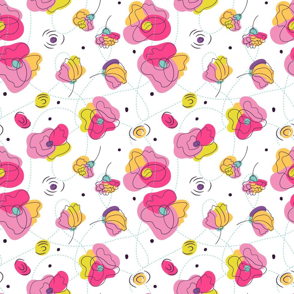 Summer flowrbed seamless pattern. Floral pattern for textiles or packaging. Flowers with bright neon colors. White background vector