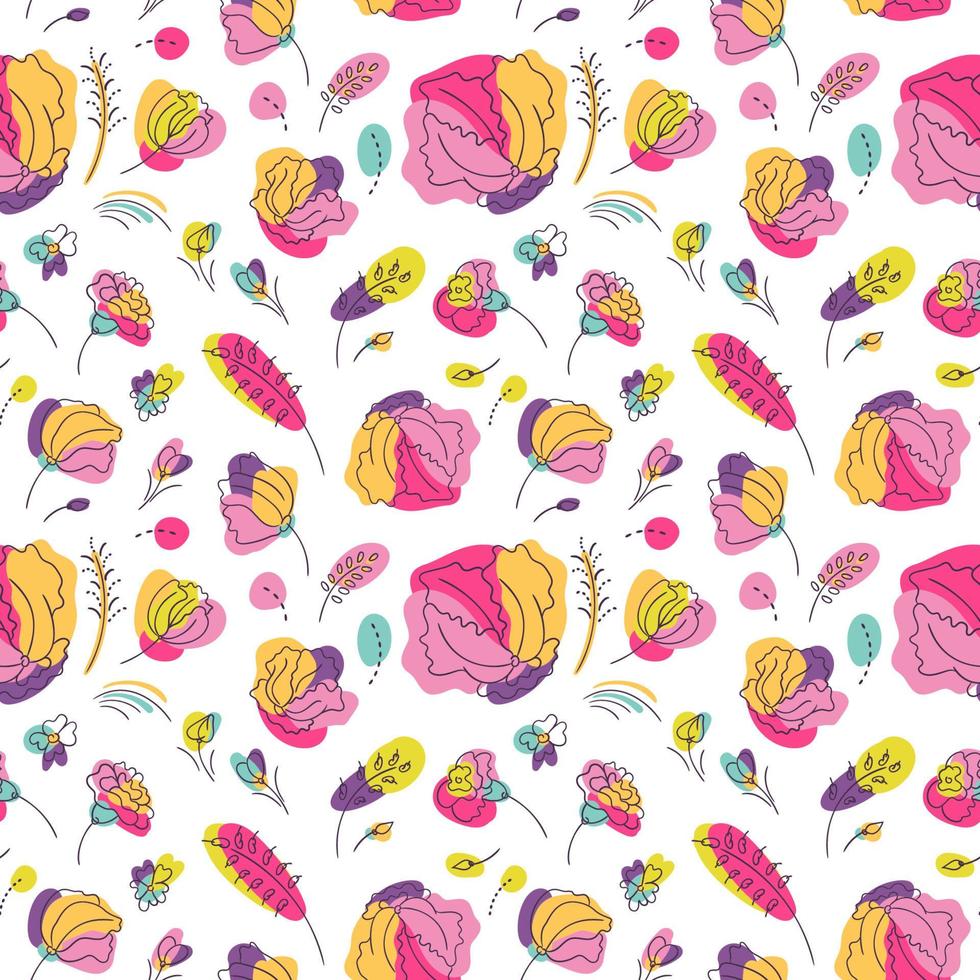 Summer bright floral seamless pattern for textiles or packaging. Flowers with bright neon colors. White background vector