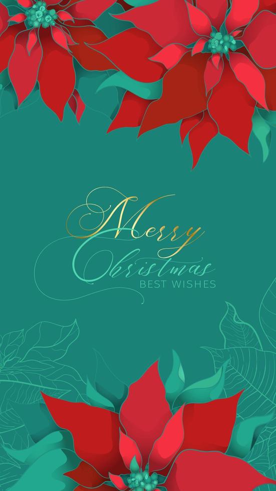 Christmas Poinsettia green silk greeting web stories banner with Best Wishes in an elegant style. Red and green silk leaves on a cool green background. Christmas and New Year celebration gala decor vector