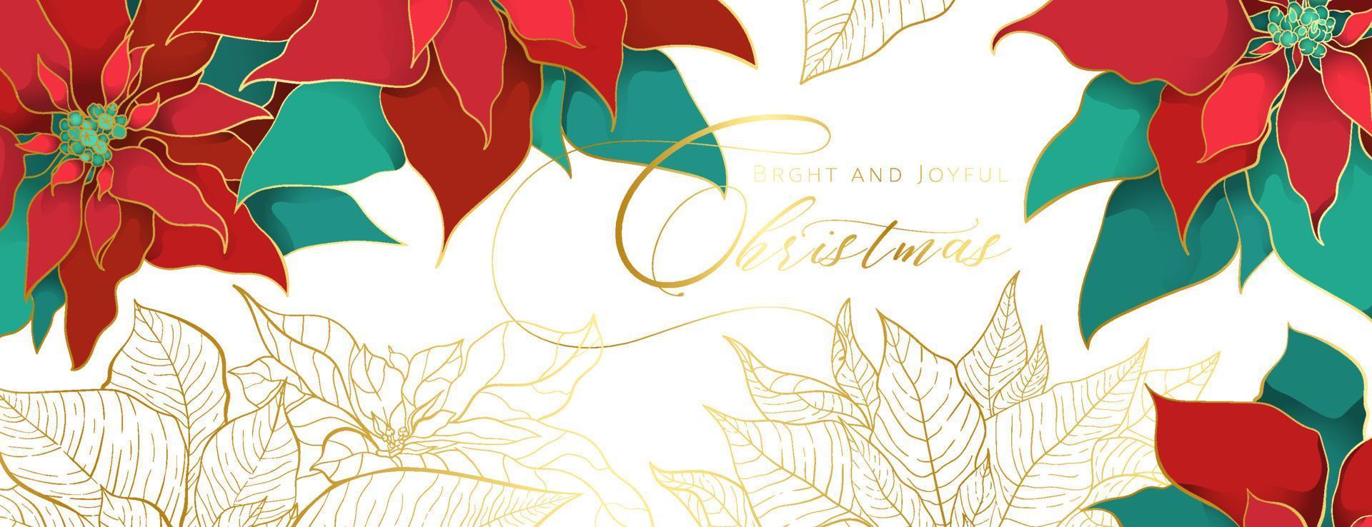Christmas Poinsettia white head banner in an elegant luxury style. Red and green silk leaves with golden line on a white background. Christmas and New Year social networks decor vector