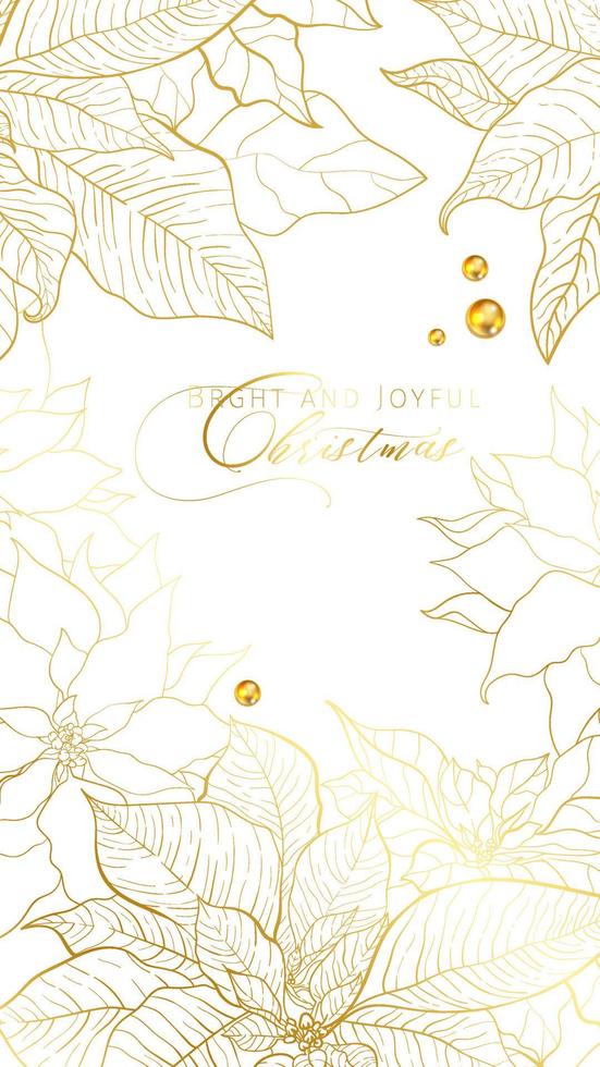 Christmas Poinsettia greeting stories banner or web card with the Best Wishes in an elegant style. Golden line poinsettia leaves on a white background. Christmas and New Year celebration decor vector