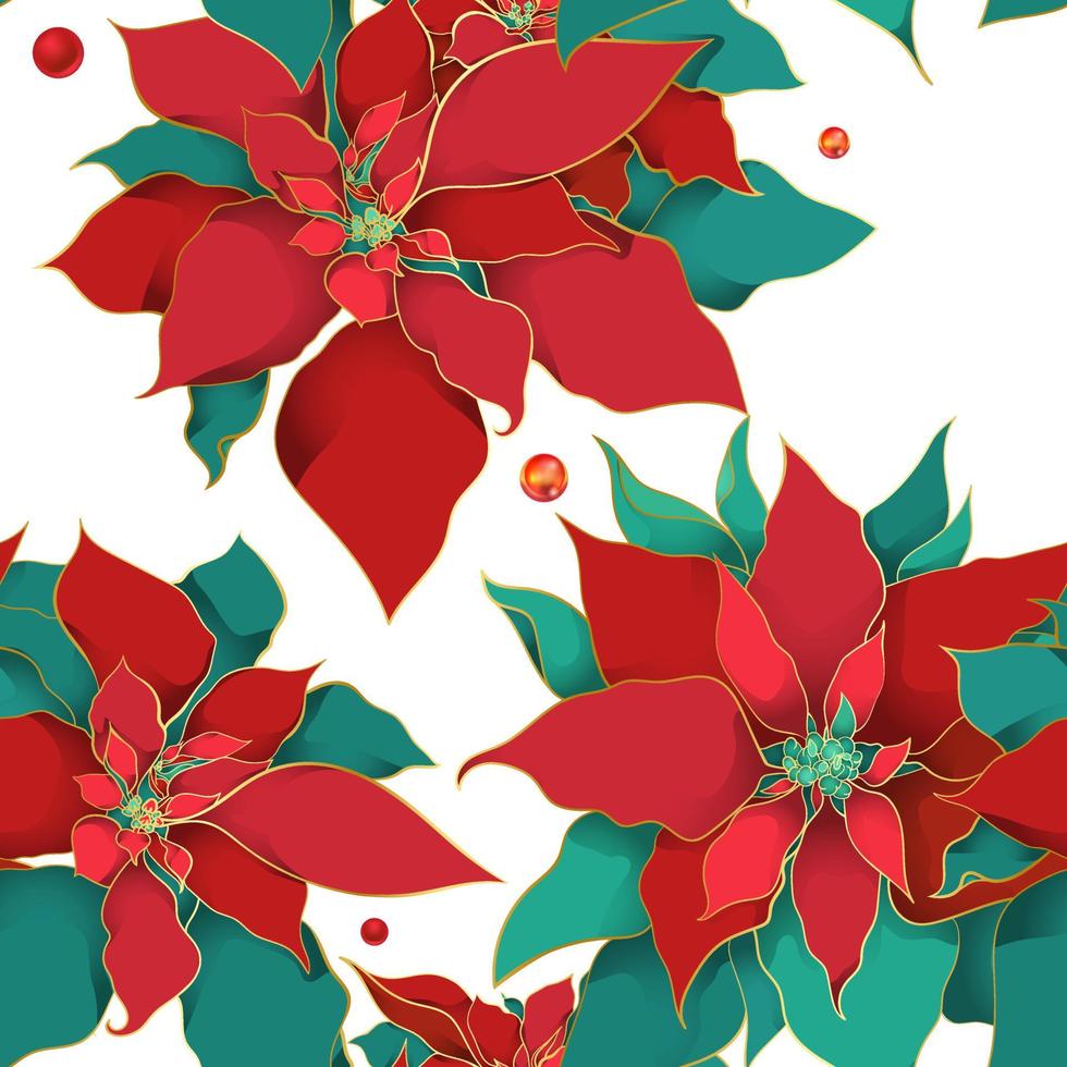 Winter Poinsettia seamless pattern for Christmas packaging and wrapping paper or textiles. Poinsettia silk leaves with golden line on a white background. vector