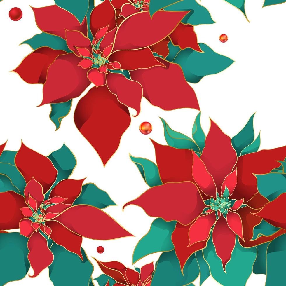 patrón sin costuras de poinsettia de invierno para envases navideños y papel de regalo o textiles. hojas de seda de poinsettia con línea dorada sobre un fondo blanco. vector