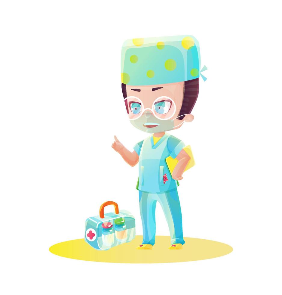 personaje de dibujos animados médico masculino con caja de vacuna. dibujo al estilo manga y anime. estilo de dibujos animados infantil en colores brillantes vector