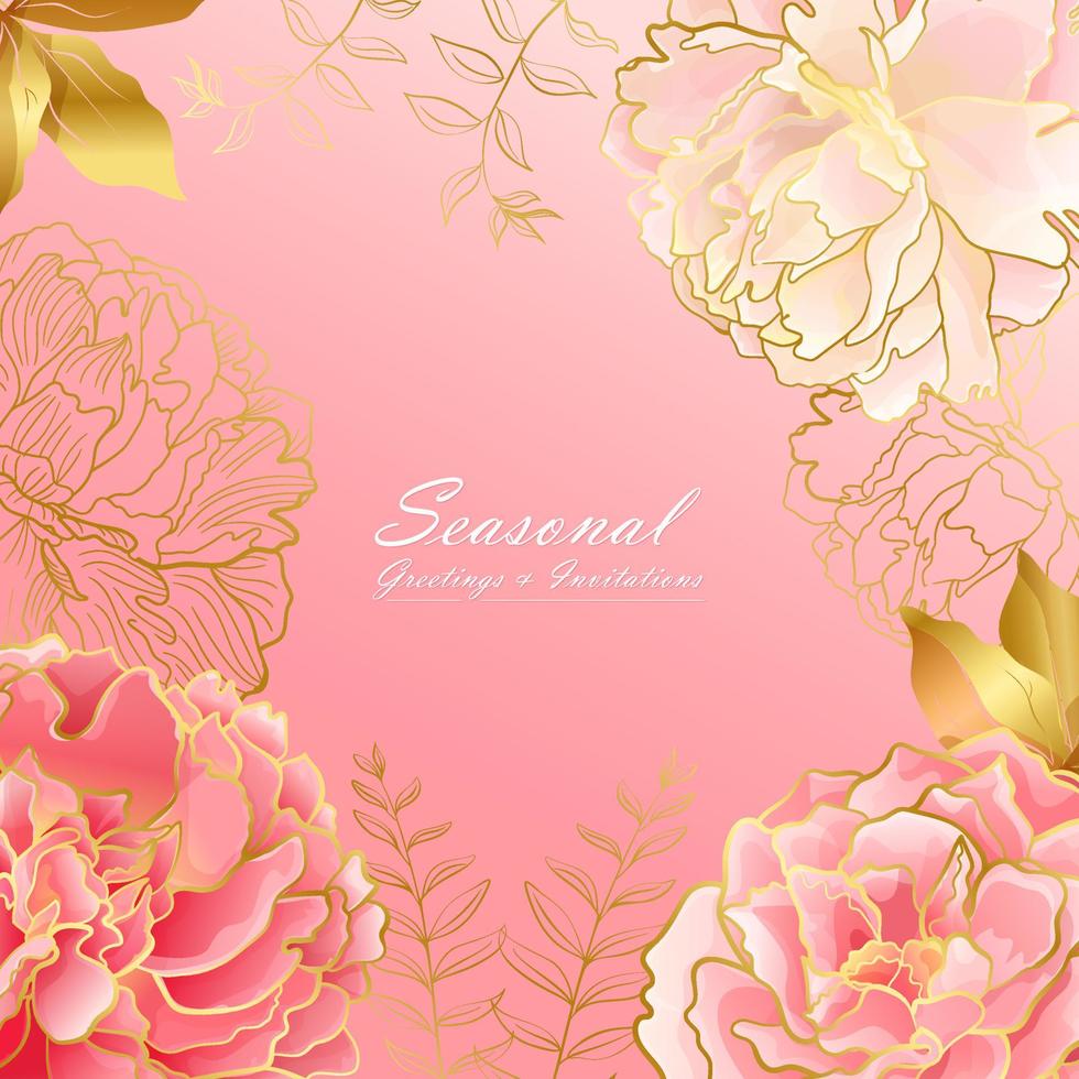 Tarjeta cuadrada floral rosa claro con flores de peonía y línea dorada en una paleta de colores suaves orientales. decoración botánica para web y redes sociales y decoración de saludo vector
