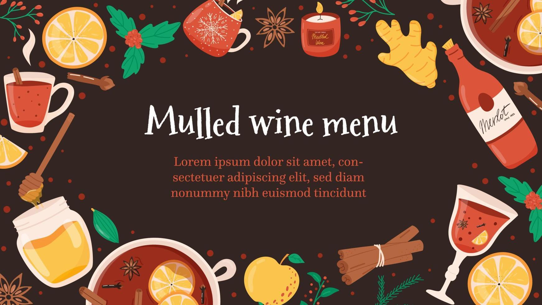 Banner de Navidad para menú con ingredientes de vino caliente o caliente, ilustración vectorial. vacaciones de invierno comida y bebida con espacio para copiar texto. con naranja plana, canela, taza y botella. vector