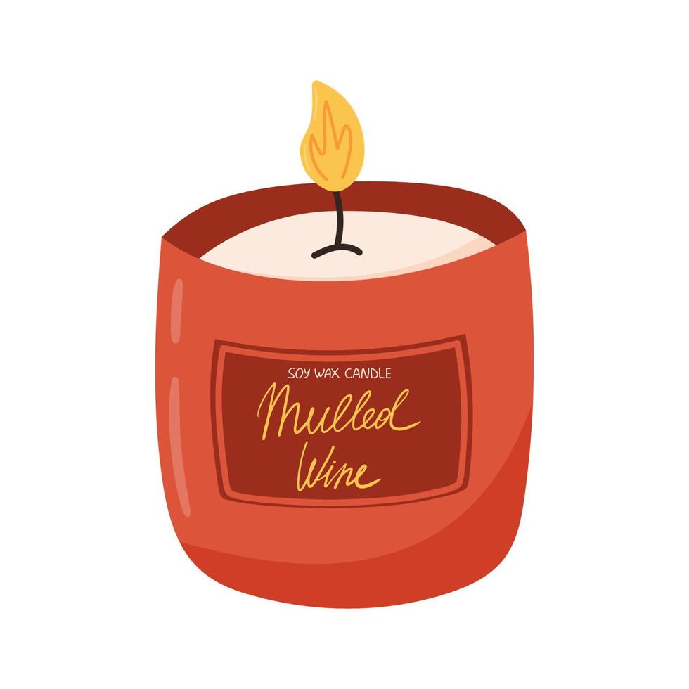 Scented candle in jar, flat vector illustration isolated on white background. Hand drawn candle with mulled wine smell for Christmas.