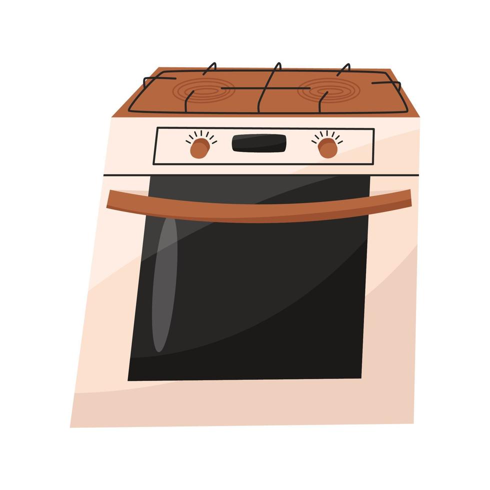 Electric stove isolated on white background. Household appliances for kitchen, oven in flat hand-drawn style, vector illustration.